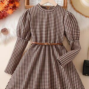 Girls' Vintage Houndstooth Print Puff Sleeve Dress -